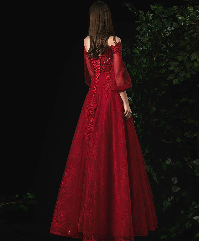 Burgundy Round Neck Tulle Lace Prom Dress, Burgundy Evening Dress - Deanwangkt