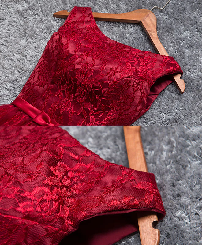 Burgundy A Line Lace Short Prom Dress, Burgundy Evening Dress - Deanwangkt