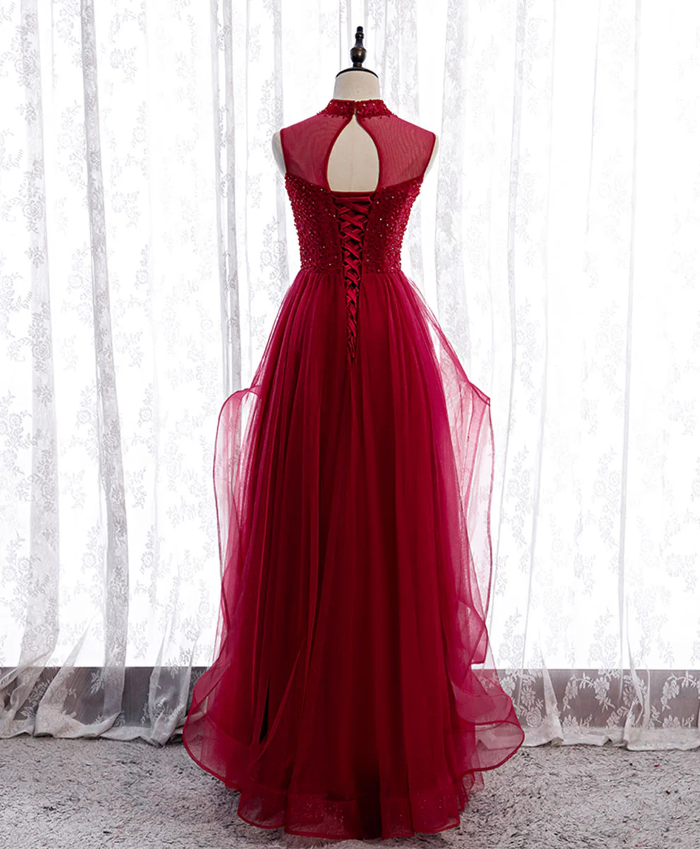 Burgundy High Neck Tulle Sequin Beads Long Evening Dresses - Deanwangkt