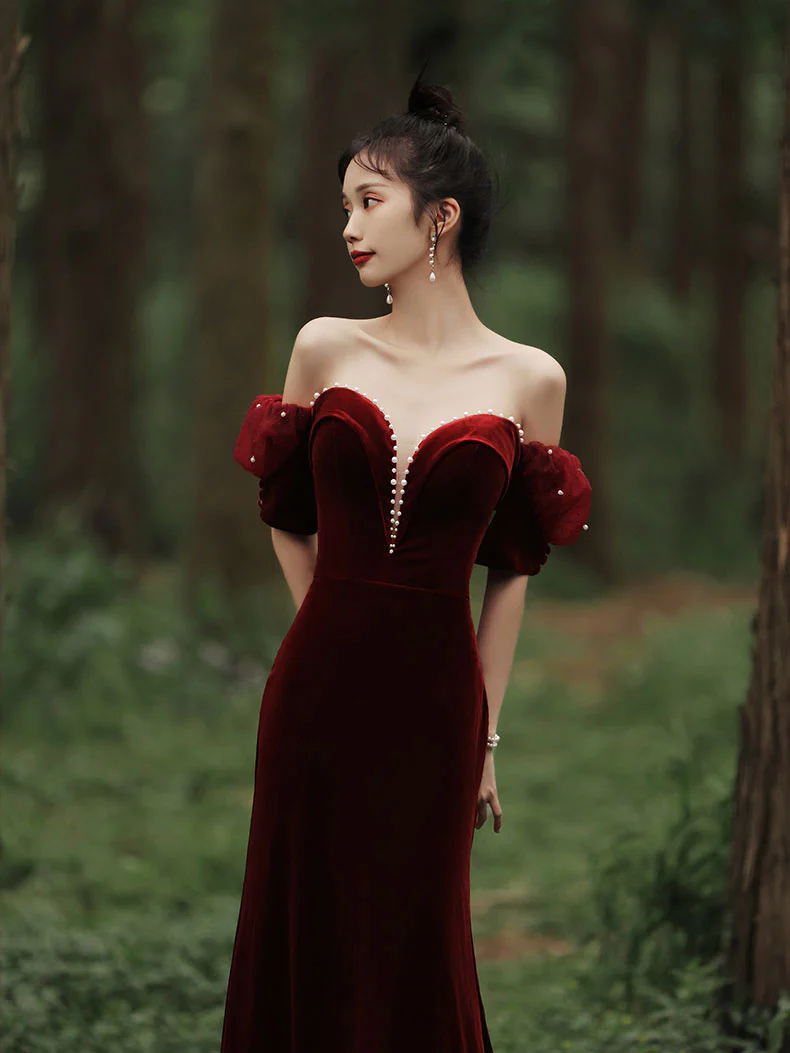 Burgundy Sweetheart Neck Mermaid Long Prom Dress, Velvet Bridesmaid Dress - Deanwangkt