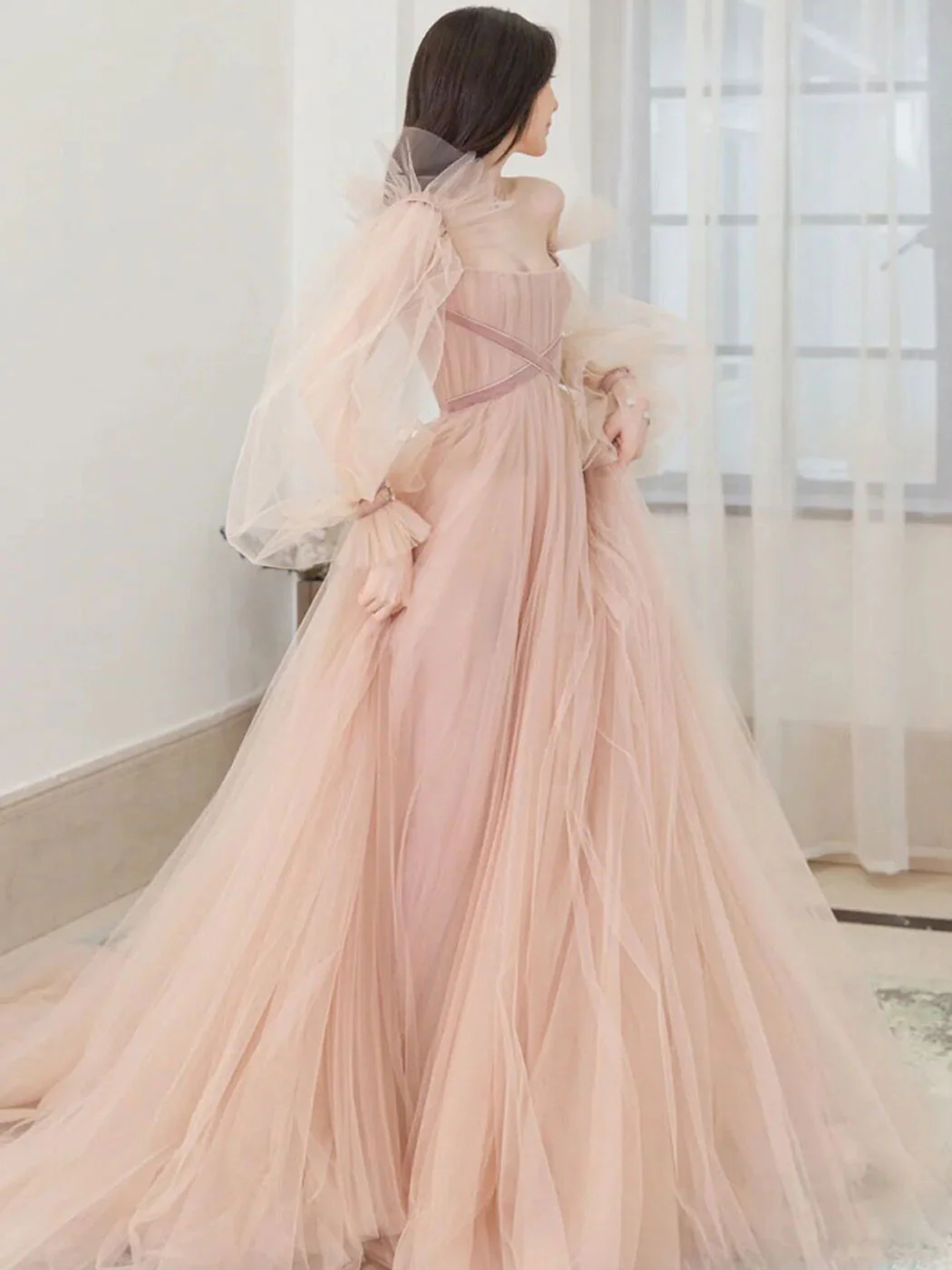 Champagne Aline Tulle Long Prom Dresses, Long Formal Graduation Dresses - Deanwangkt