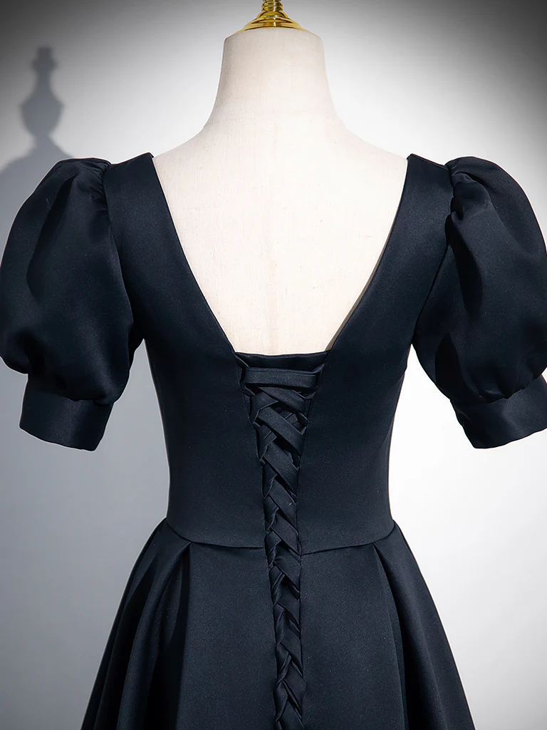 A-Line Short Sleeve Satin Dark Blue Long Prom Dress, Dark Blue Long Formal Dress - Deanwangkt