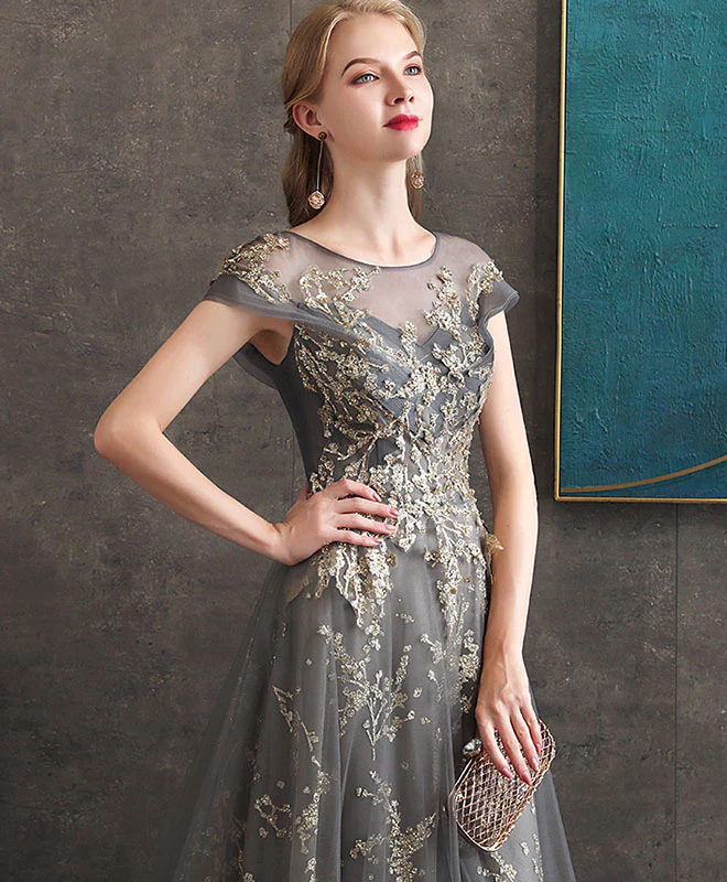 Gray Round Neck Tulle Lace Long Prom Dress Gray Tulle Formal Dress - Deanwangkt