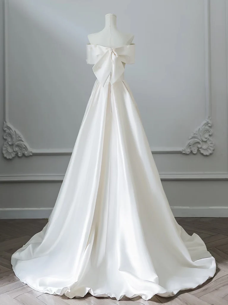 A-Line Off Shoulder Satin ivory Long Prom Dress, ivory Long Formal Dress - Deanwangkt