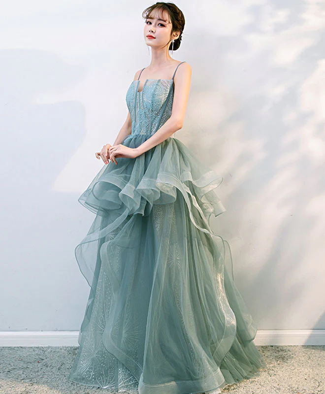 Green Tulle Lace Long Prom Gown, Tulle Formal Dress - Deanwangkt
