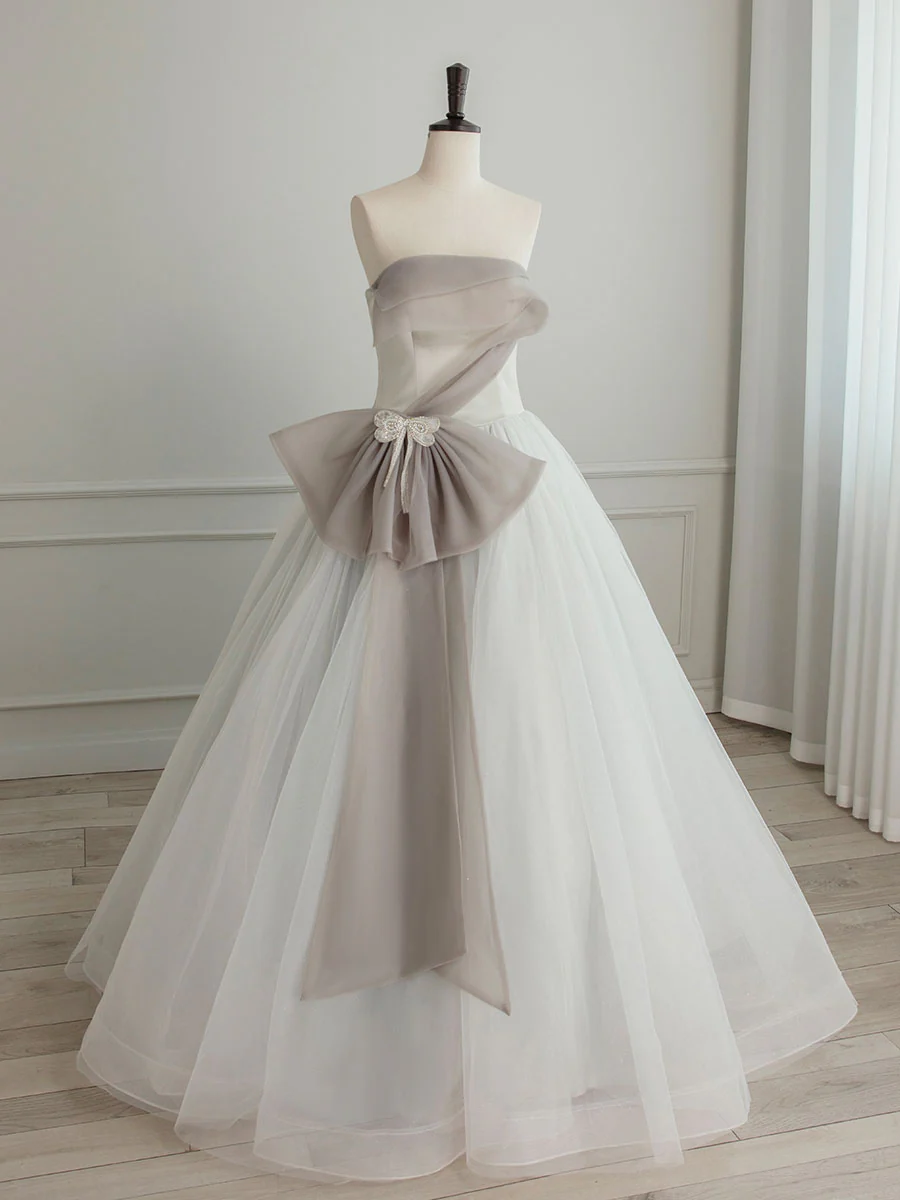 A-Line Tulle White Long Prom Dress, White Formal Party Dress - Deanwangkt