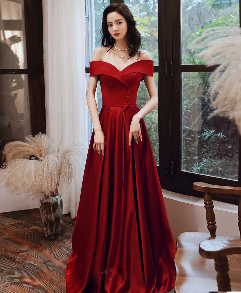 Simple V Neck Off Shoulder Satin Long Prom Dress Evening Dress - Deanwangkt