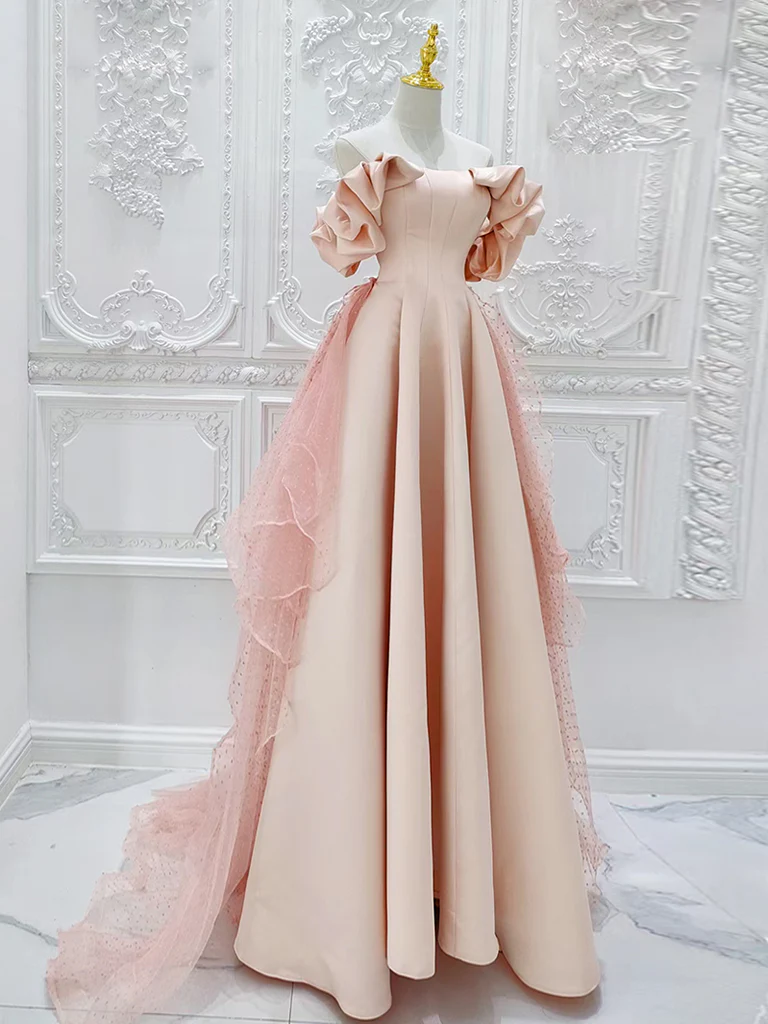 A-Line Off Shoulder Statin Tulle Pink Long Prom Dress, Pink Long Formal Dress - Deanwangkt
