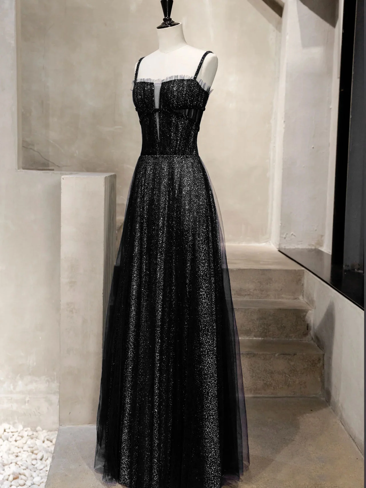 Unique Tulle Sequin Long Prom Dress, Tulle Sequin Graduation Dresses - Deanwangkt