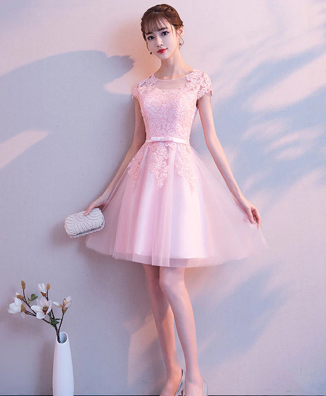 Pink Round Neck Tulle Lace Short Prom Dress Pink Homecoming Dress - Deanwangkt