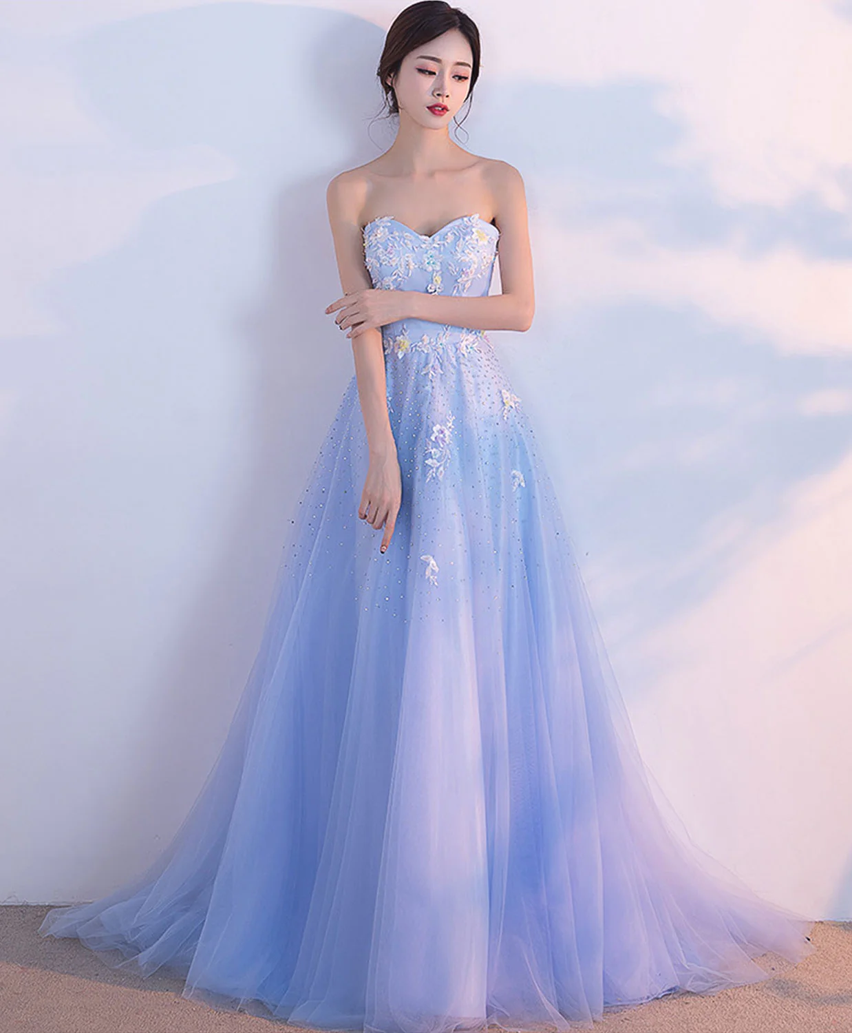 Light Blue Sweetheart Neck Long Prom Dress, Lace Formal Dress - Deanwangkt