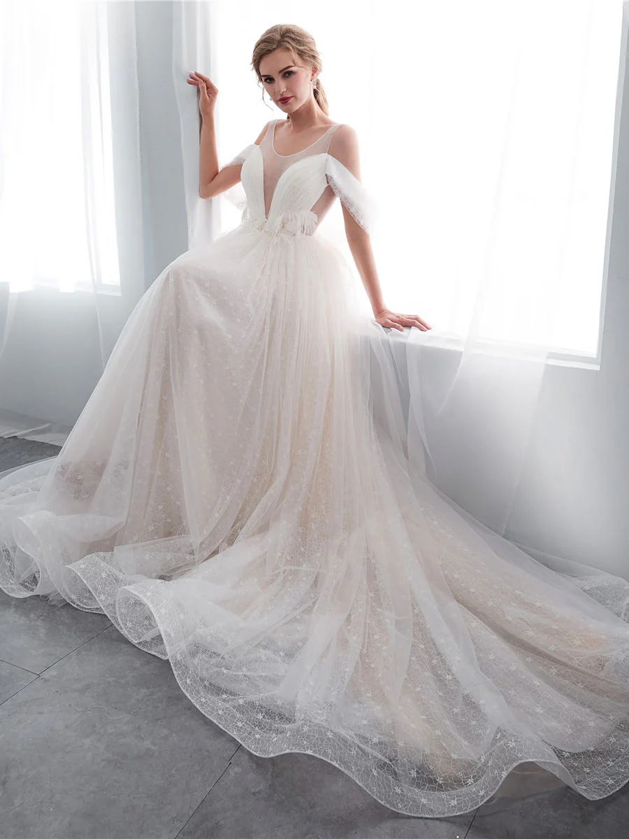 Light Champagne Tulle Lace Long Beach Wedding Dress Bridal Dresses - Deanwangkt
