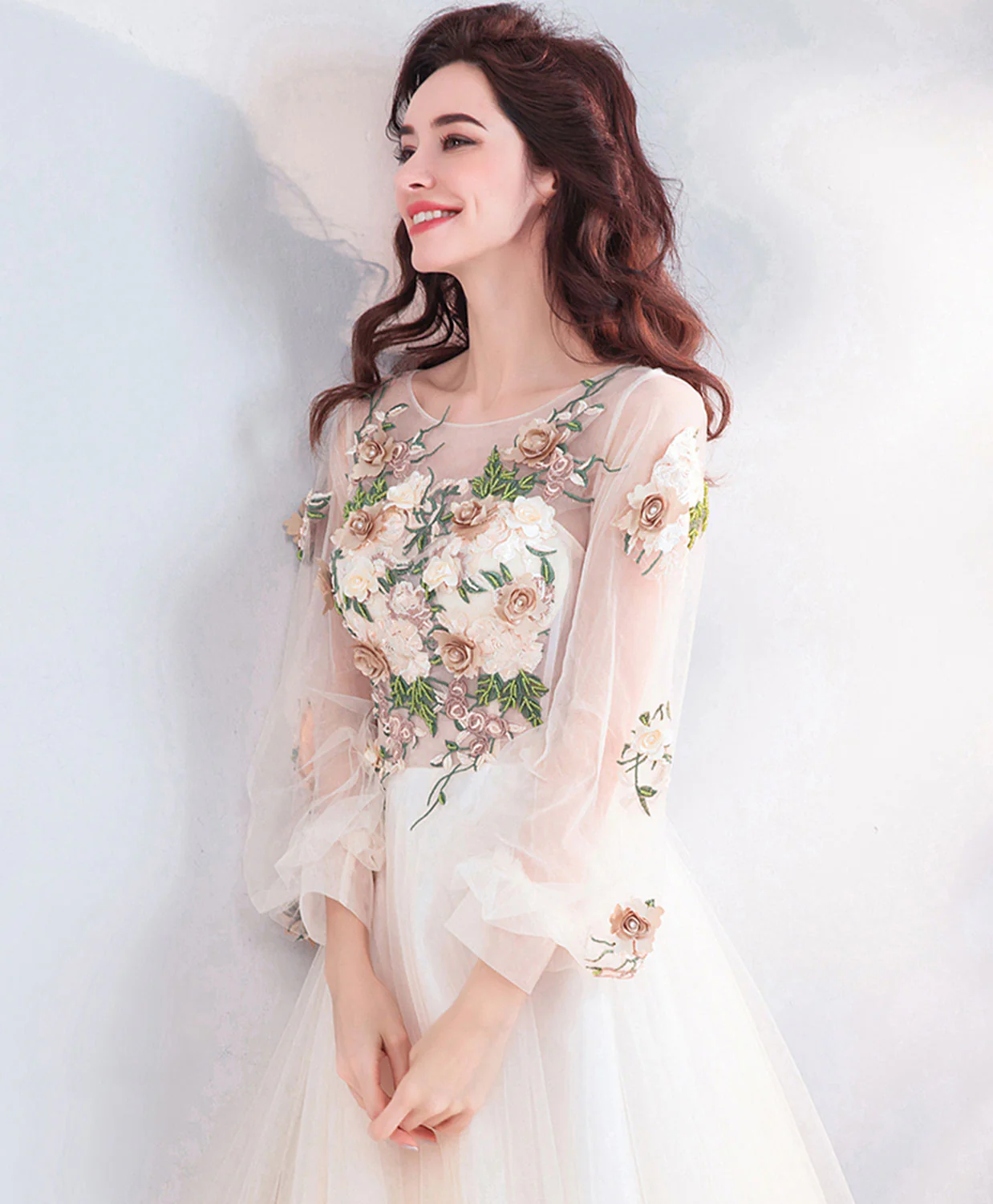 Light Champagne Tulle Lace Long Prom Dress, Champagne Tulle Evening Dress - Deanwangkt