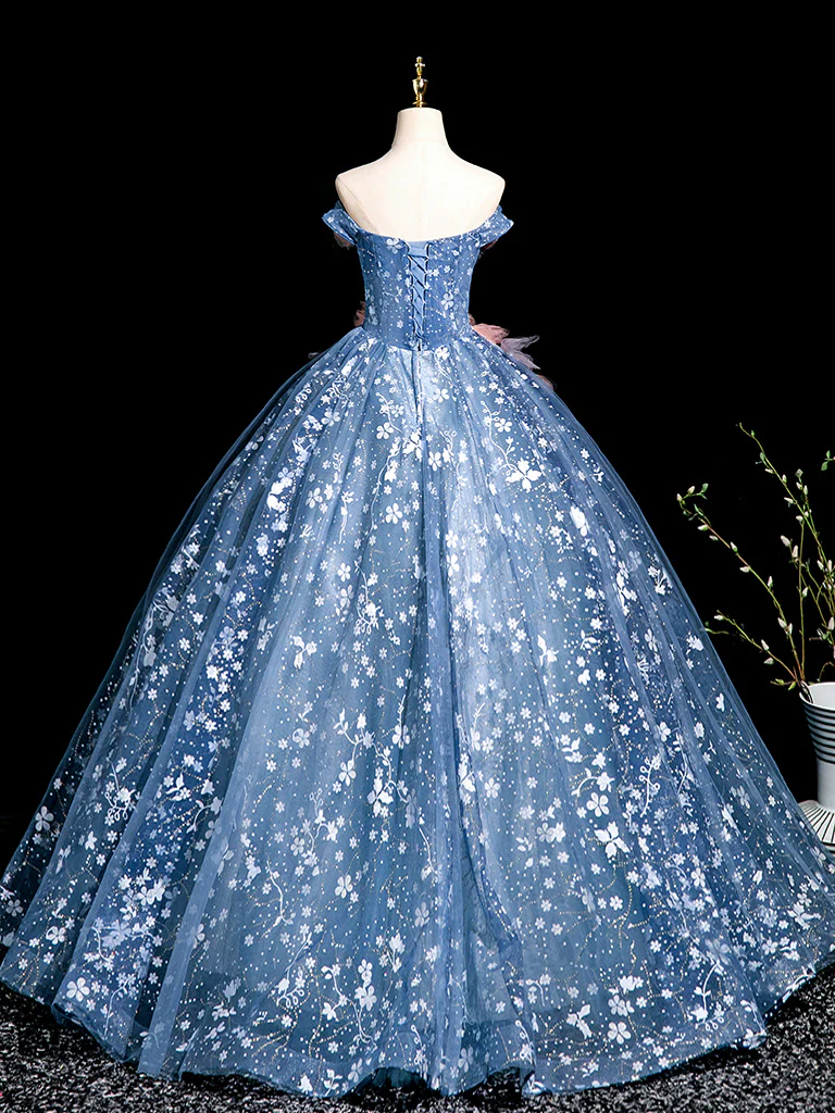 A-Line Off Shoulder Tulle Lace Gray Blue Long Prom Dress, Gray Blue Long Formal Dress - Deanwangkt