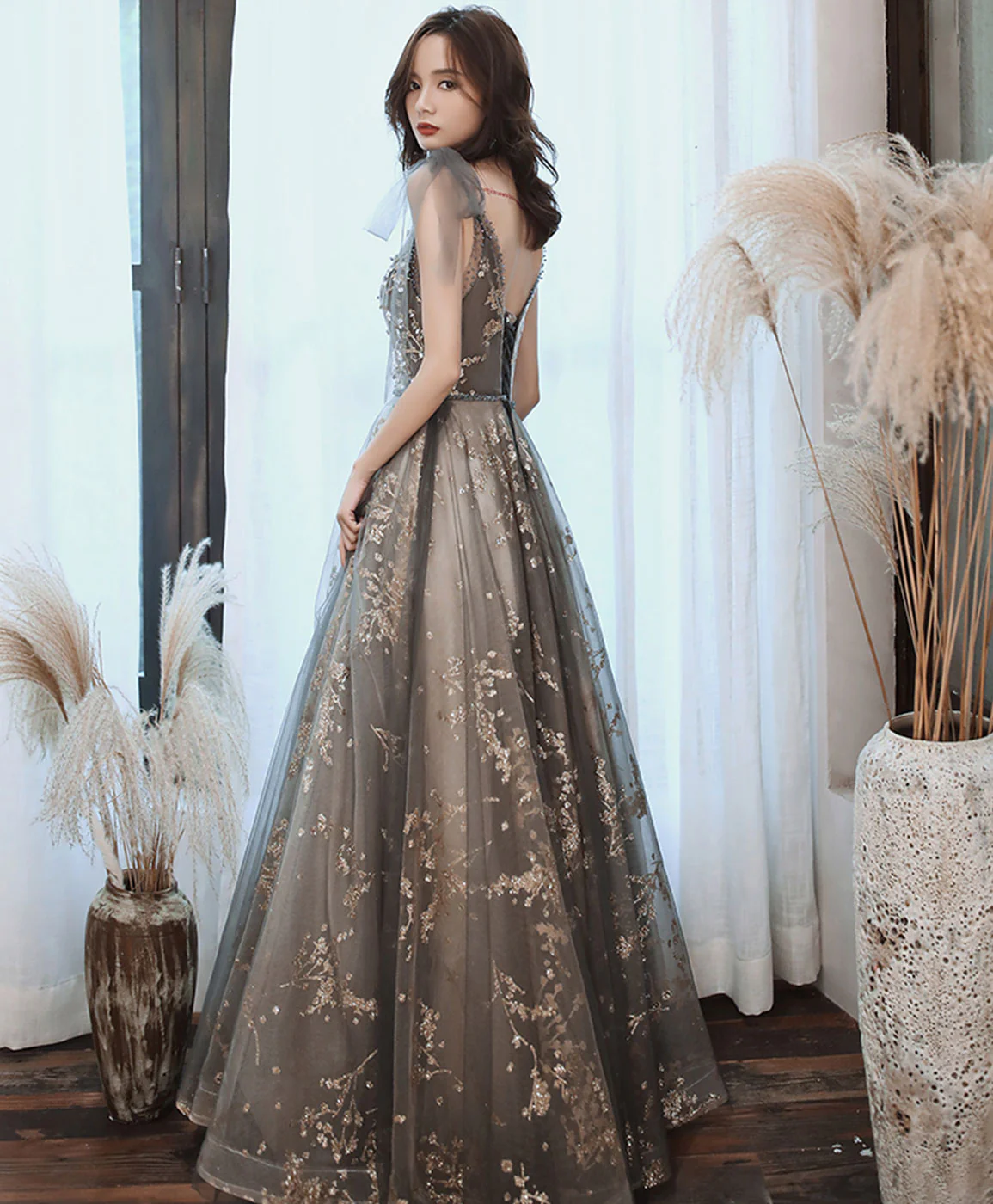Gray V Neck Tulle Lace Sequin Long Prom Dress Gray Tulle Formal Dress - Deanwangkt