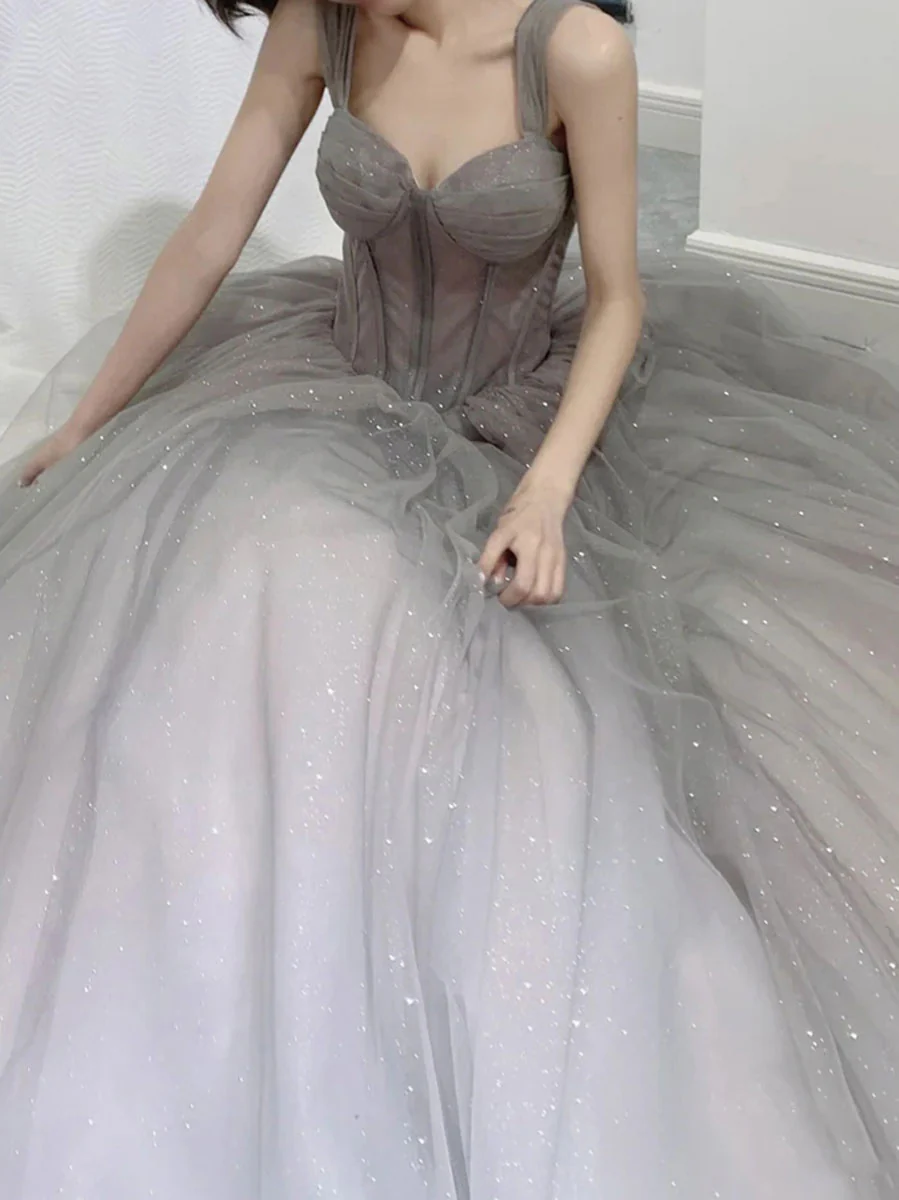 Gray Sweetheart Neck  Tulle Long Prom Dress, Gray Formal Graduation Dresses - Deanwangkt