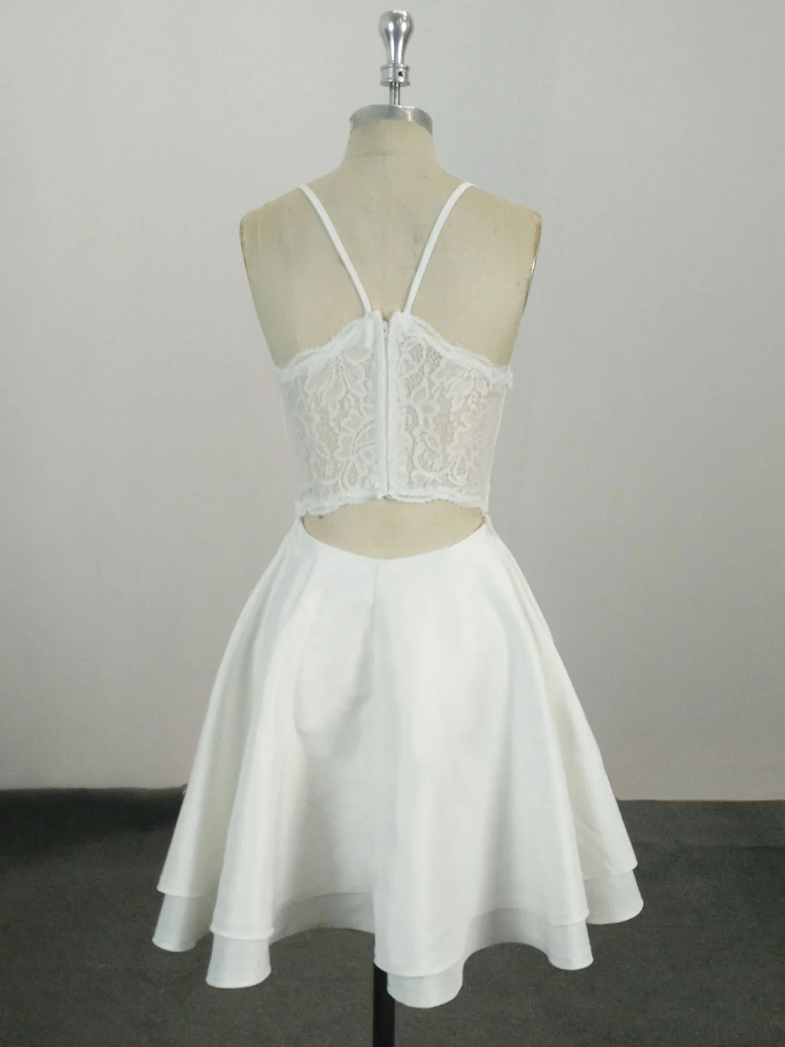 White V Neck Satin Lace Short Prom Dress, White Homecoming Dress - Deanwangkt