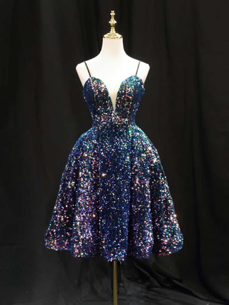 Simple Sequin Blue Short Prom Dress, Blue Homecoming Dress - Deanwangkt
