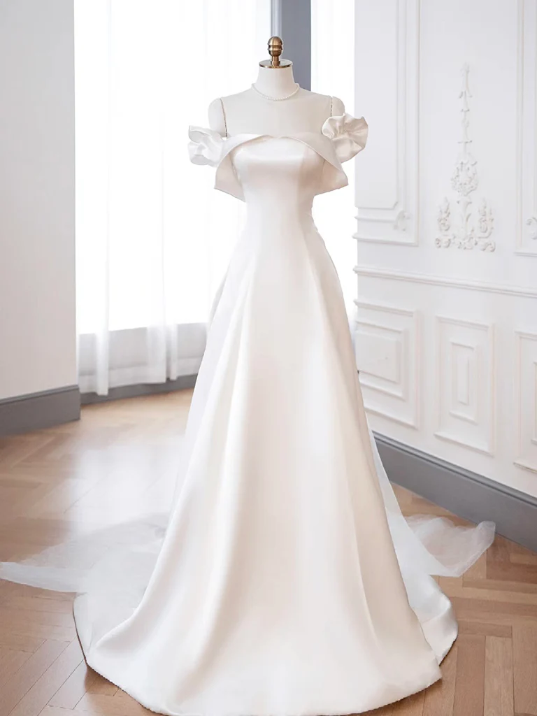 A-Line Off Shoulder Satin ivory Long Prom Dress, ivory Long Formal Dress - Deanwangkt