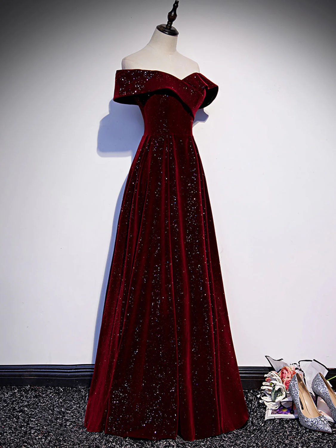 A-Line Off  Shoulder Velvet Burgundy Long Prom Dress, Burgundy Long Formal Dress - Deanwangkt