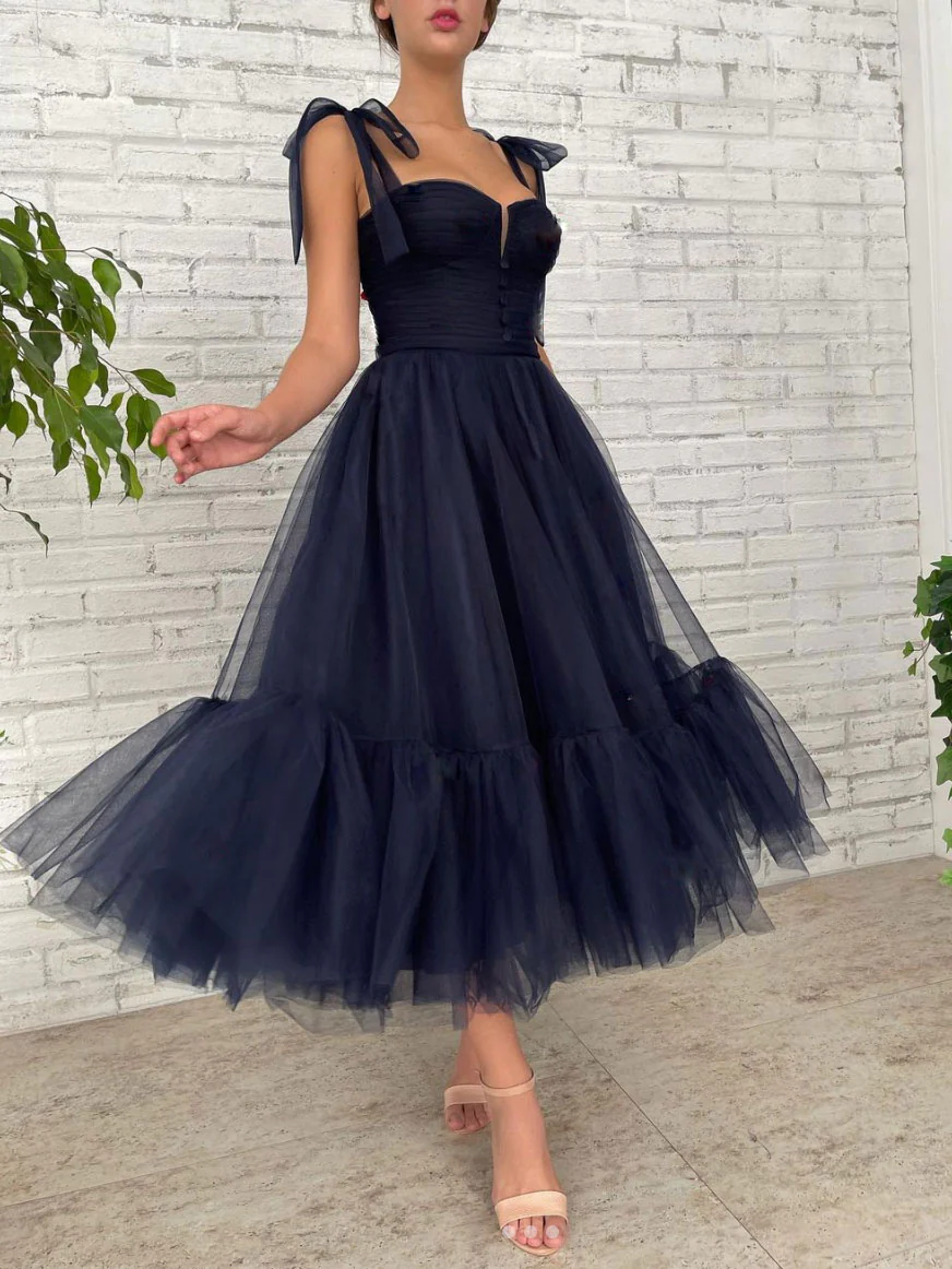 Simple Tulle Short Blue Prom Dress, Tulle Short Puffy Dark Blue Homecoming Dress - Deanwangkt