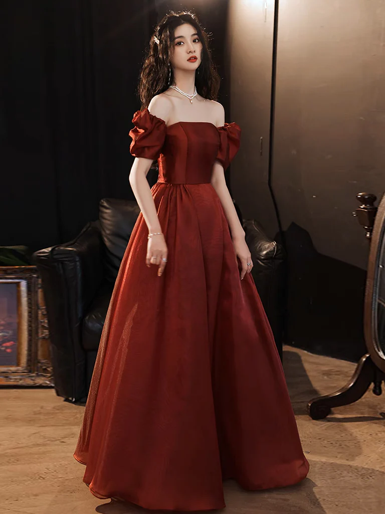 A-Line Puff Sleeves Organza Burgundy Long Prom Dress, Burgundy Long Evening Dress - Deanwangkt