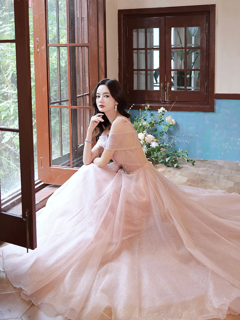 Pink Tulle Off Shoulder Lace Long Prom Dress, Pink Tulle Evening Dress - Deanwangkt