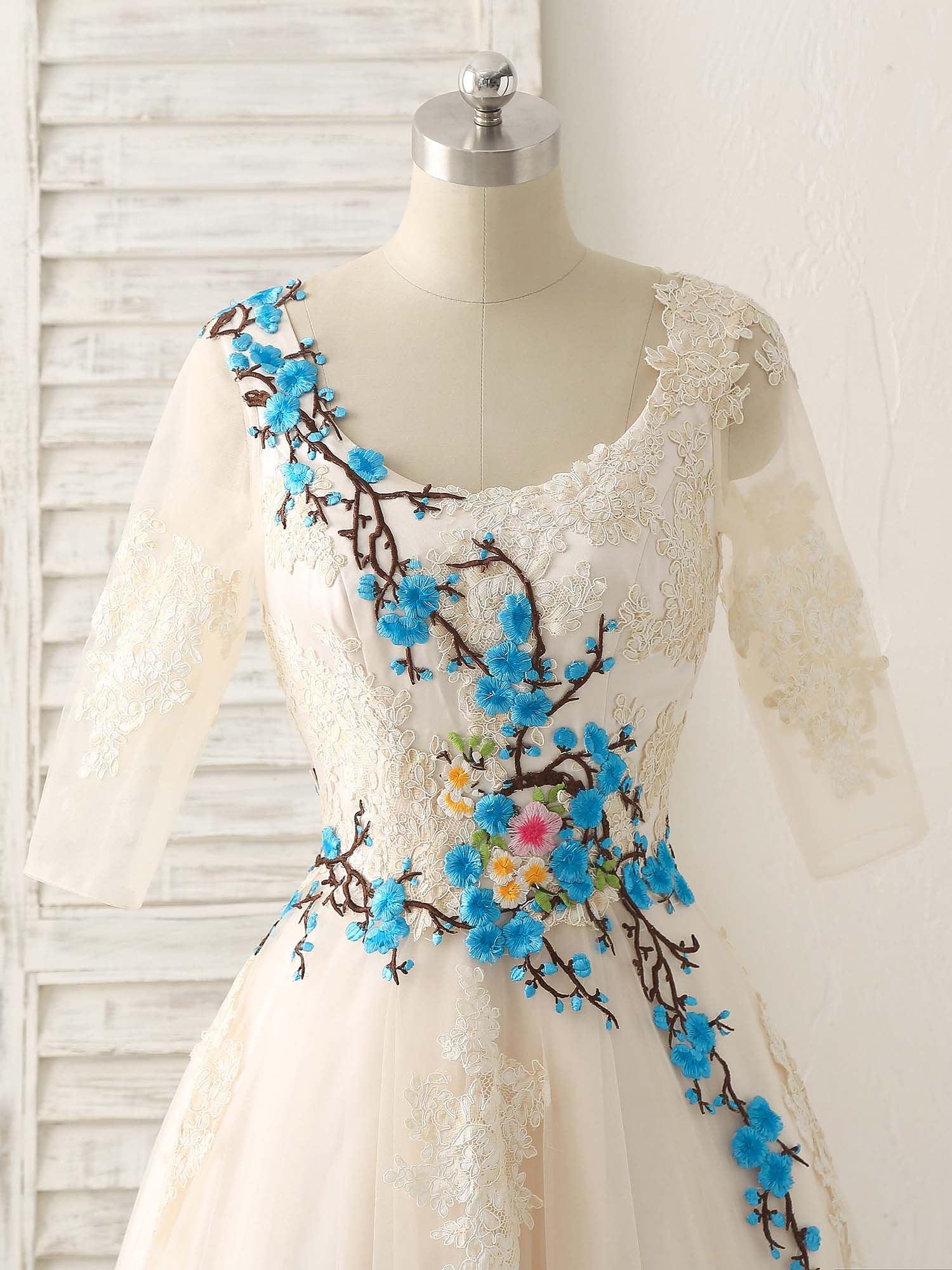 Unique Lace Applique Tulle Long Prom Dress Light Champagne Bridesmaid Dress - Deanwangkt