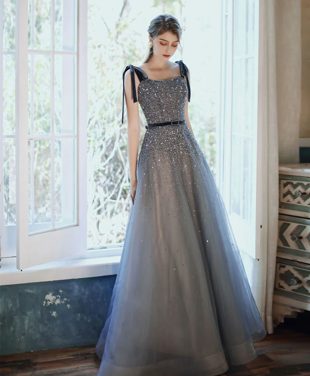 Blue Sweetheart Tulle Sequin Long Prom Dress Blue Formal Dress - Deanwangkt