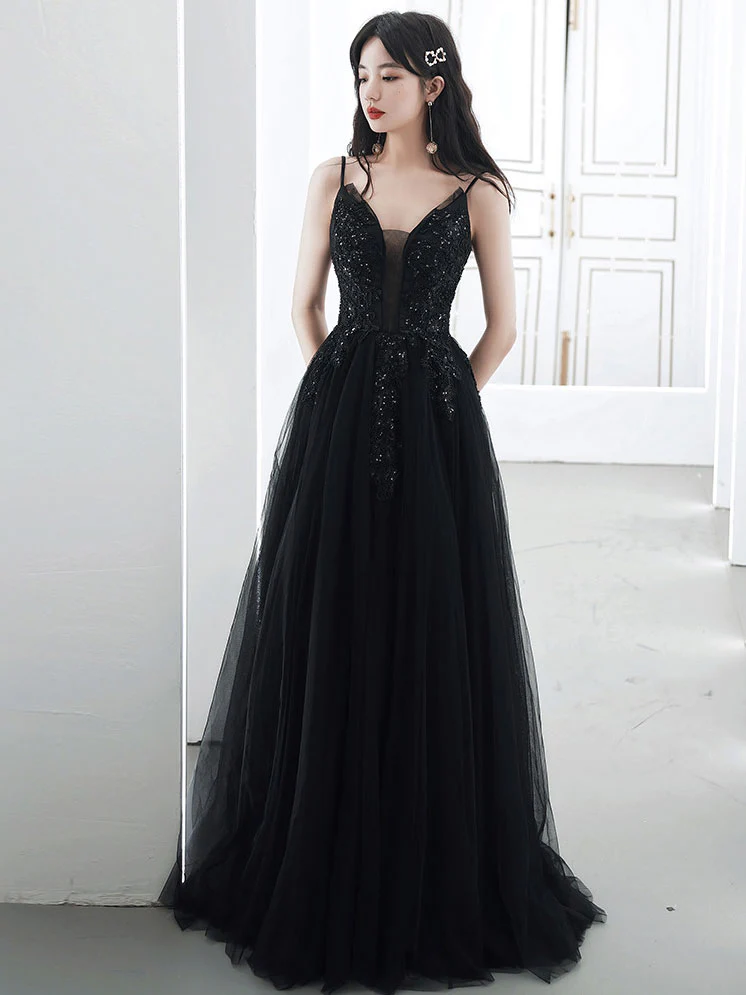 Black Long Prom Dresses, Aline Black Formal Graduation Dresses - Deanwangkt