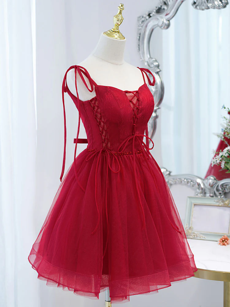 Cute Burgundy Tulle Lace Short Prom Dress, Lace Burgundy Puffy Homecoming Dress - Deanwangkt