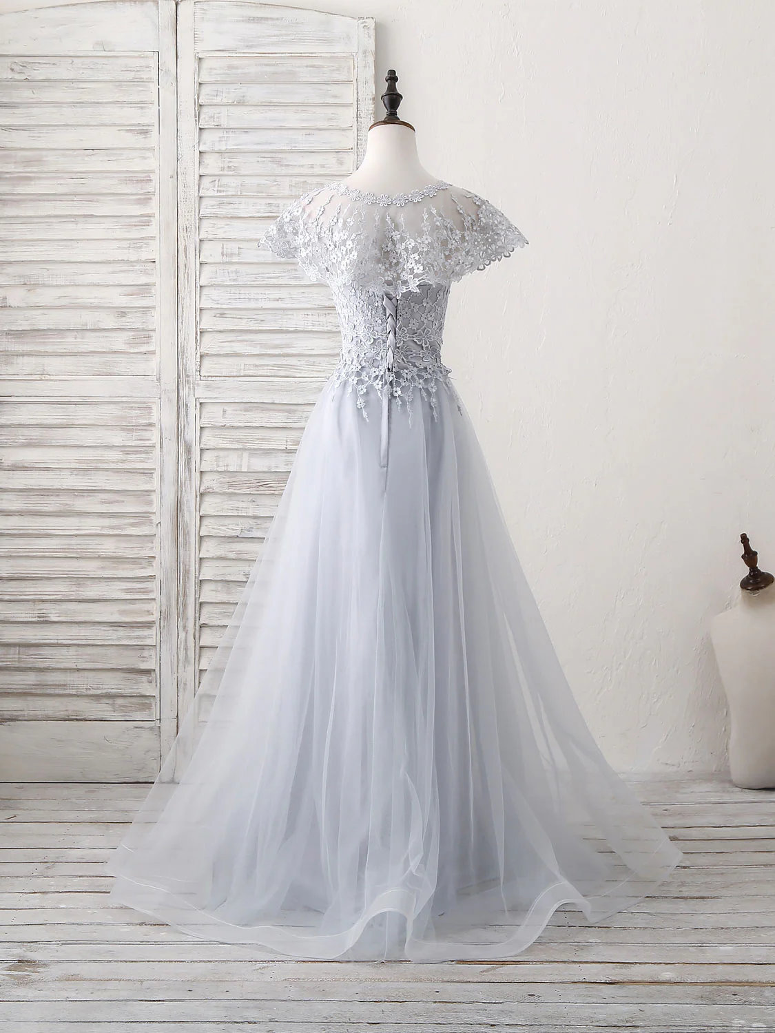 Gray Round Neck Lace Tulle Long Prom Dress, Gray Evening Dress - Deanwangkt