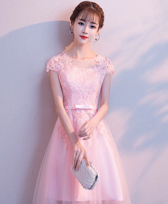 Pink Round Neck Tulle Lace Short Prom Dress Pink Homecoming Dress - Deanwangkt