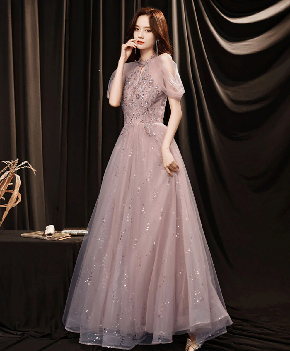 A line Pink Tulle Lace Sequin Long Prom Dress, Pink Formal Graduation Dresses - Deanwangkt