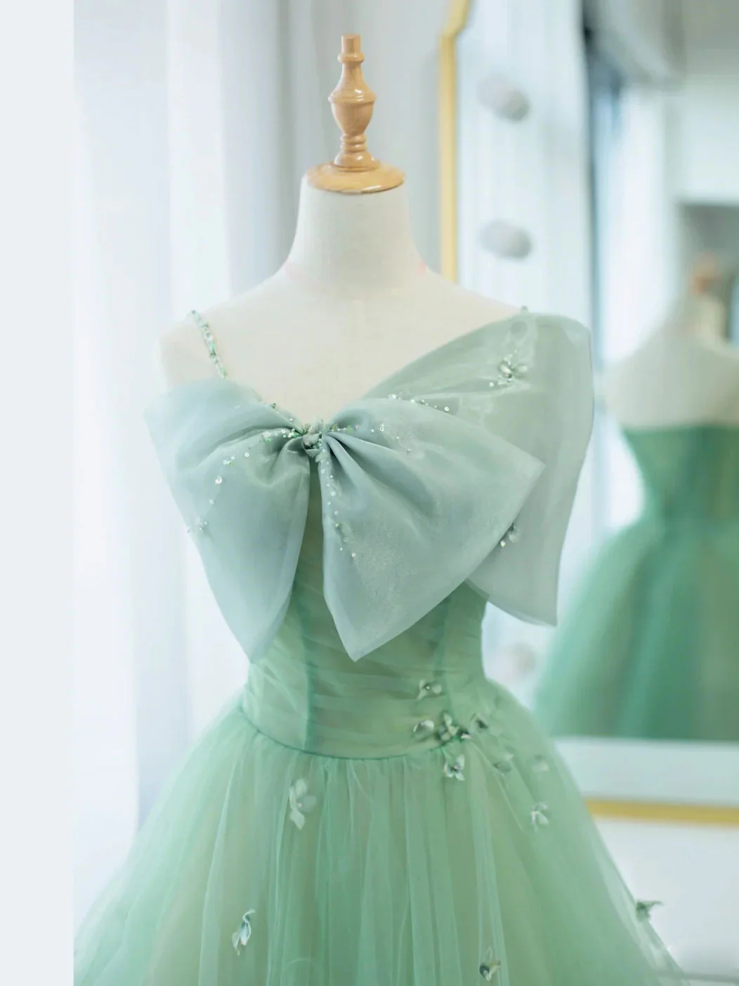 Simple Green Tulle Tea Length Prom Dress, Green Tulle Homecoming Dresses - Deanwangkt