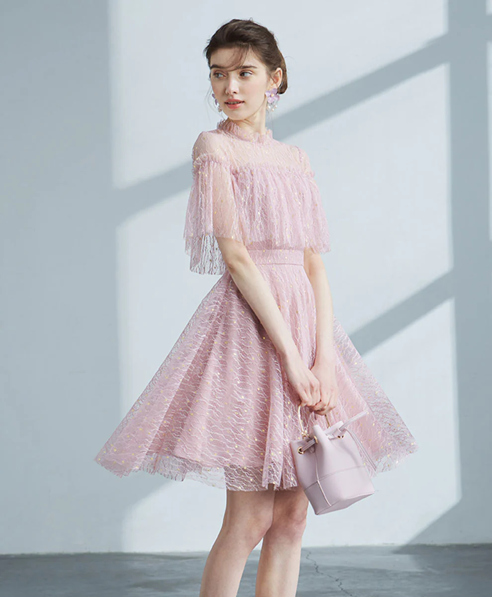 Pink Tulle Lace Short Prom Dress, Pink Homecoming Dress - Deanwangkt