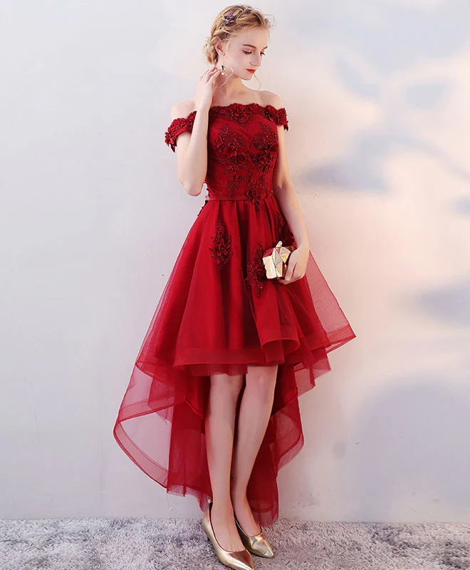 Burgundy High Low Tulle Lace Long Prom Dress, Lace Evening Dress - Deanwangkt