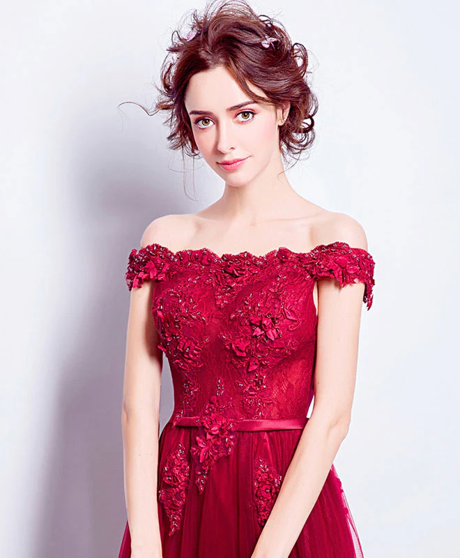 Burgundy Tulle Lace Applique Long Prom Dress, Burgundy Bridesmaid Dress - Deanwangkt