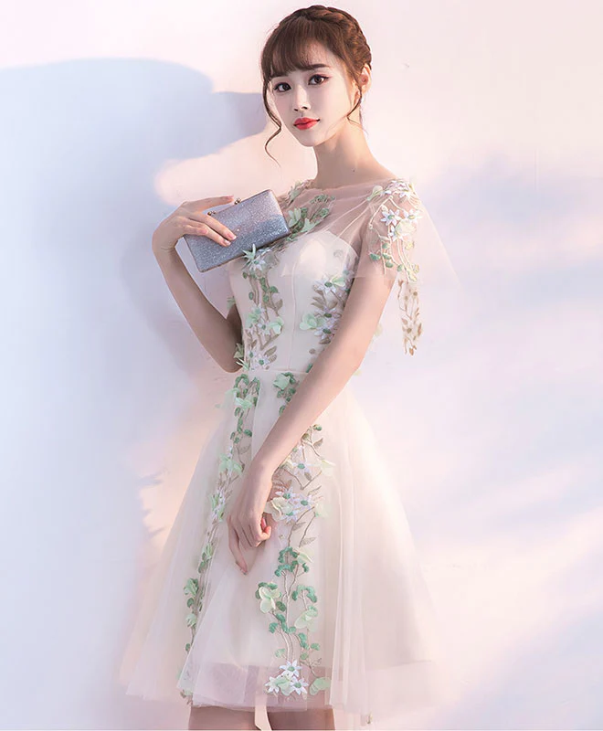 Champagne Tulle Lace Applique Short Prom Dress, Homecoming Dress - Deanwangkt