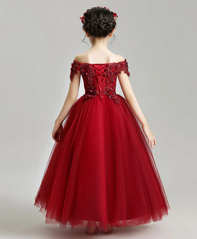 Burgundy Tulle Lace Flower Girl Dress, Burgundy Girl Party Dress - Deanwangkt
