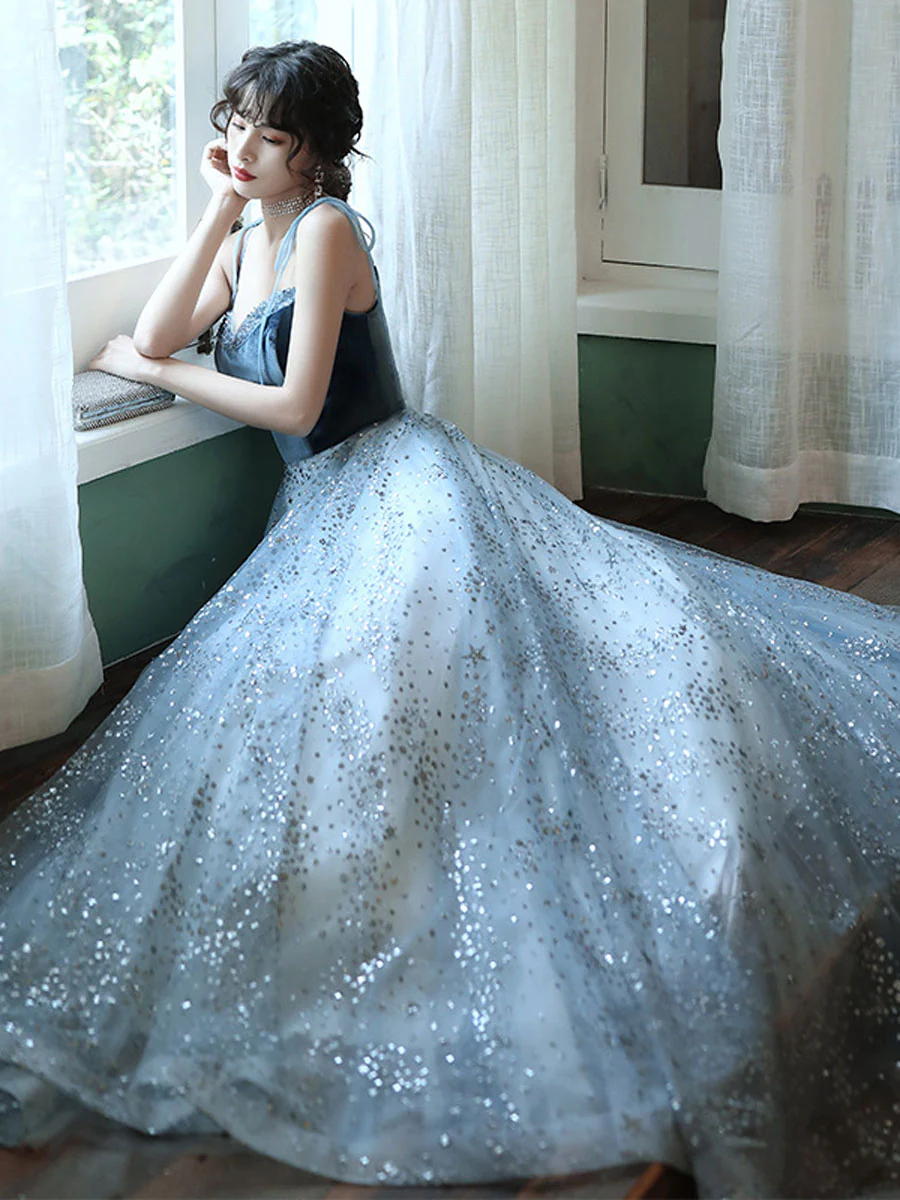 A line Blue Tulle/Velvet Long Prom Dress, Tulle Blue Graduation Dress With Beading Sequin - Deanwangkt
