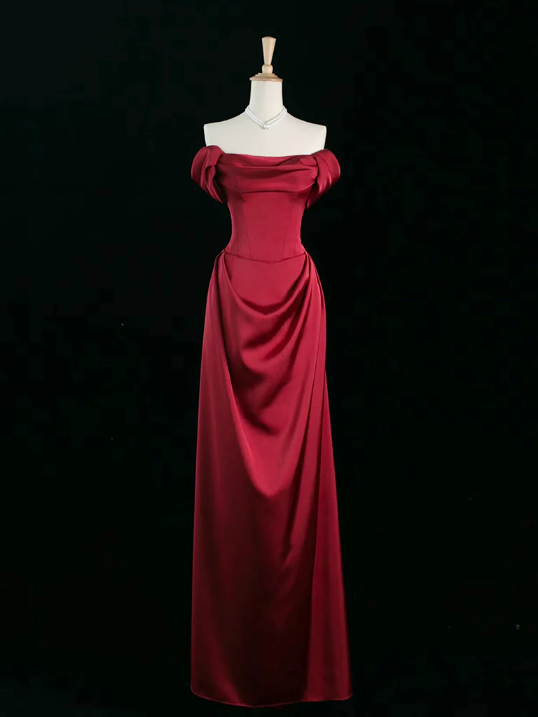 A-Line Off Shoulder Satin Burgundy Long Prom Dress, Burgundy Long Formal Dress - Deanwangkt