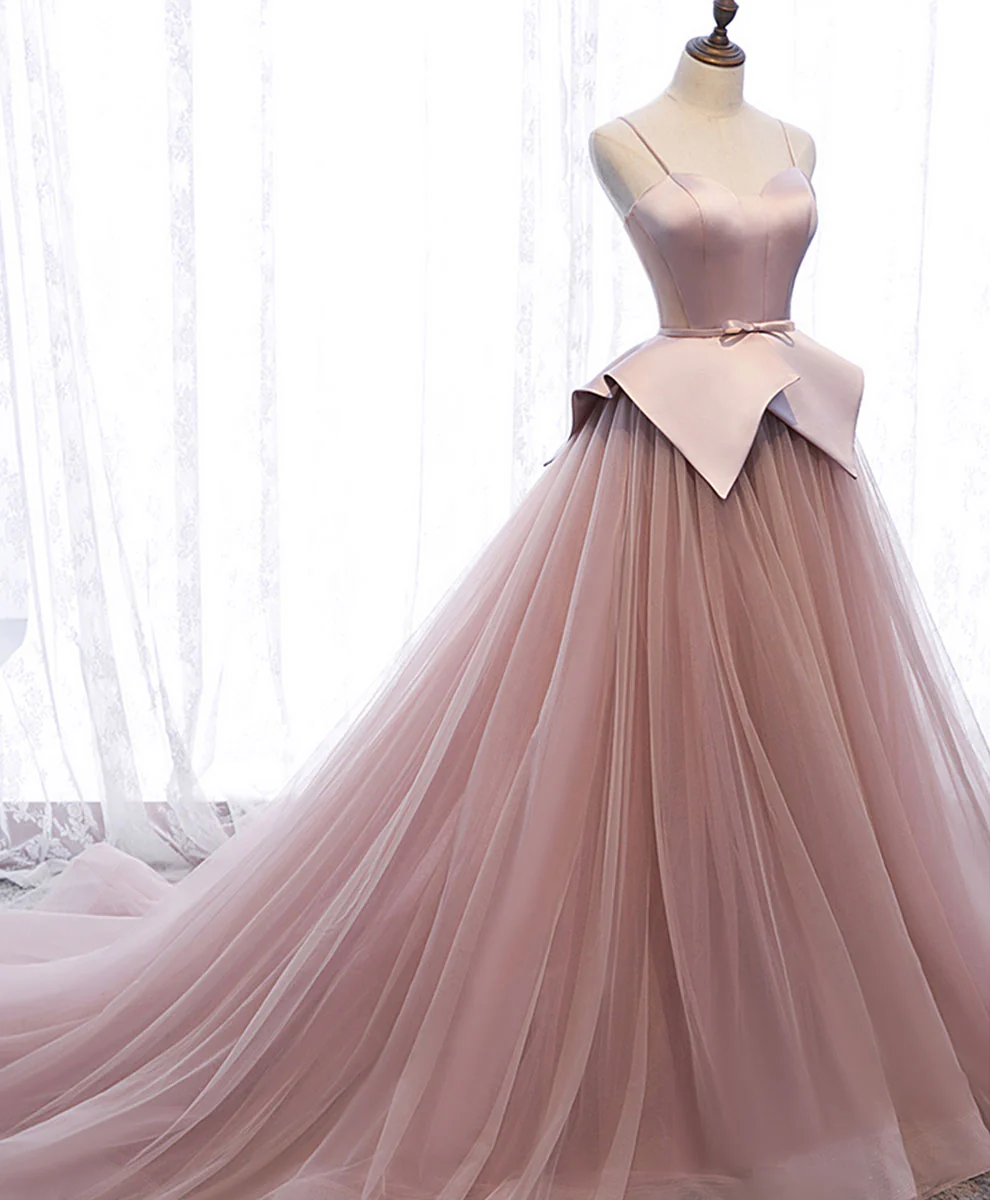 Pink Sweetheart Tulle Long Prom Gown Pink Tulle Formal Dress - Deanwangkt