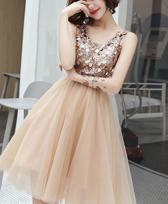 Champagne V Neck Tulle Sequin Short Prom Dress, Homecoming Dress - Deanwangkt