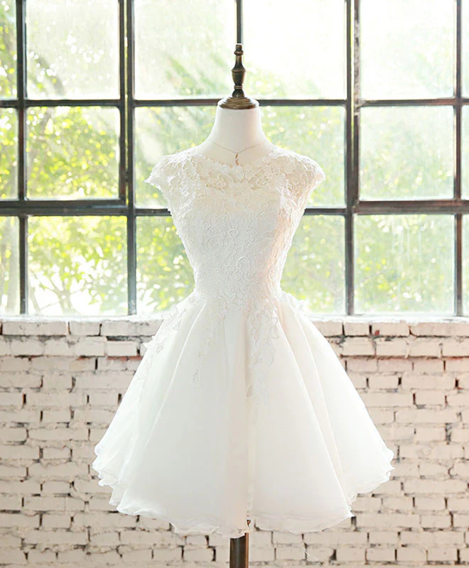White Lace Tulle Short Prom Dress, Homecoming Dress - Deanwangkt