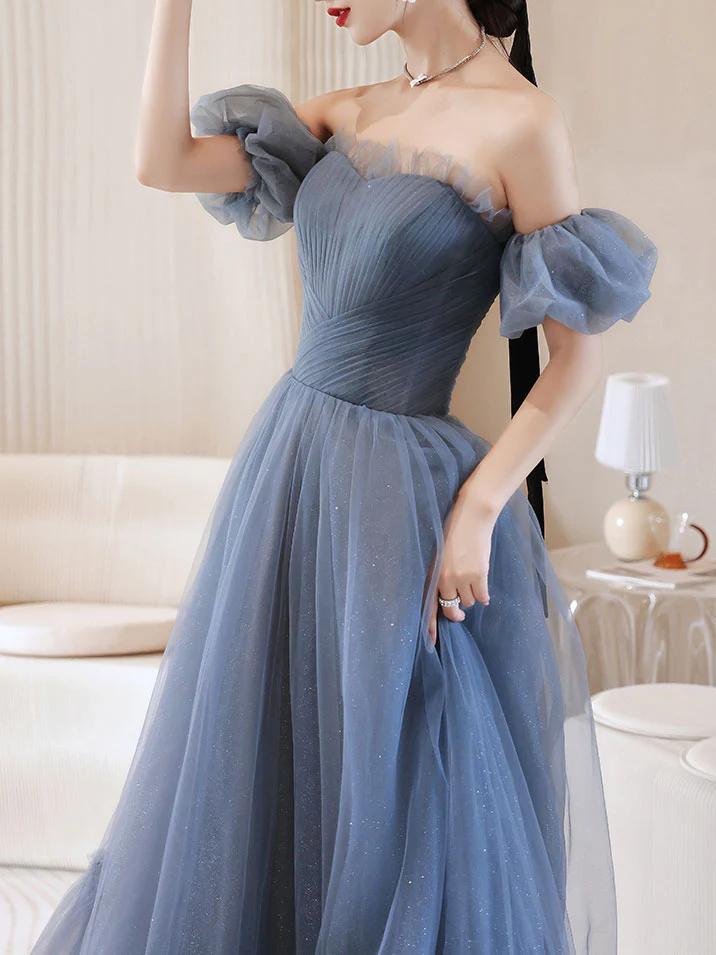 Gray Blue Tulle Long Prom Dress, Gray Blue Evening Dress - Deanwangkt