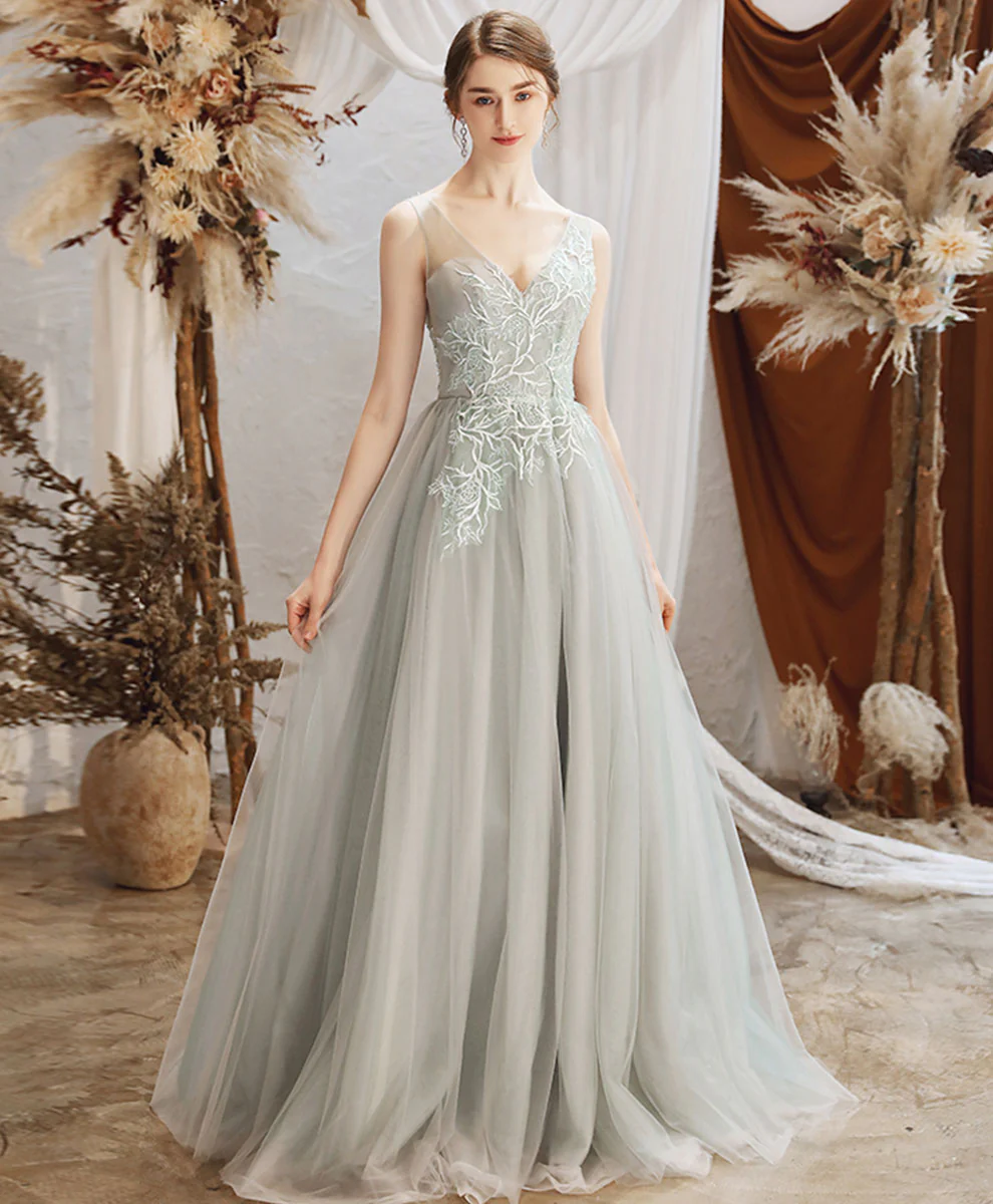 Gray Green Tulle Lace Long Prom Dress Gray Tulle Formal Dress - Deanwangkt