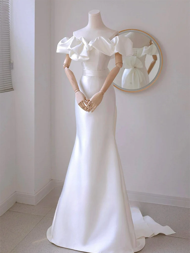 A-Line Off Shoulder Satin White Long Prom Dress, White Long Party Dress - Deanwangkt