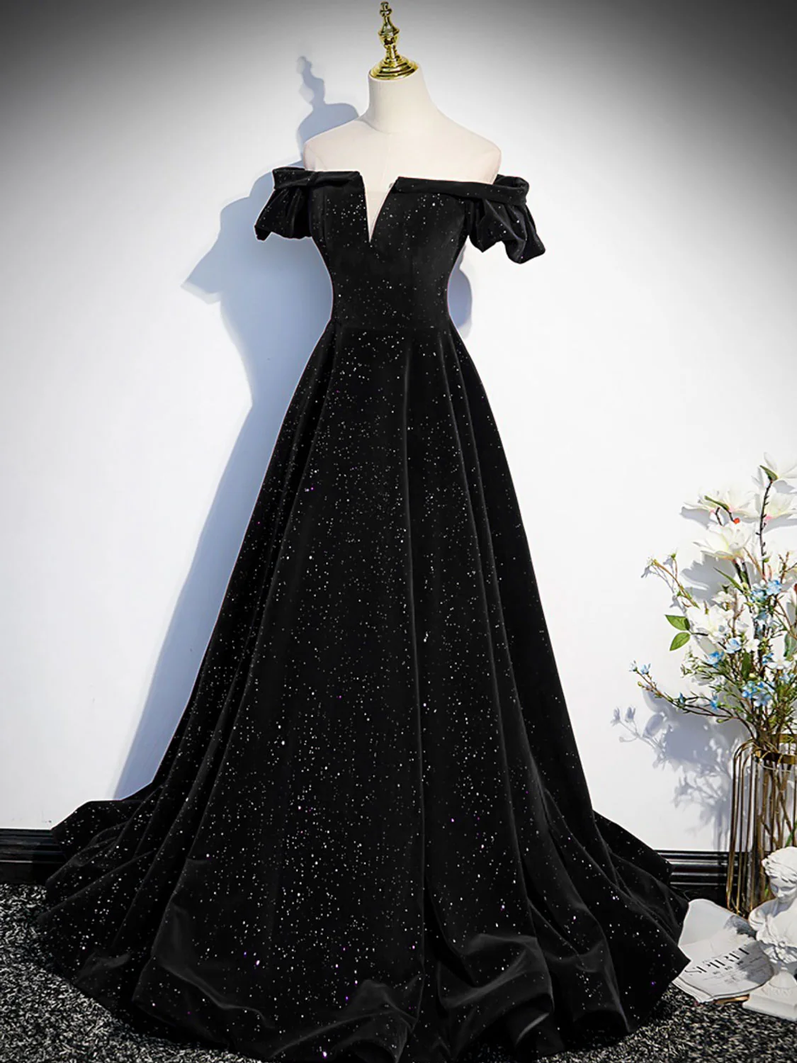A-Line Off Shoulder Velvet Black Long Prom Dresses, Black Formal Evening Dress - Deanwangkt