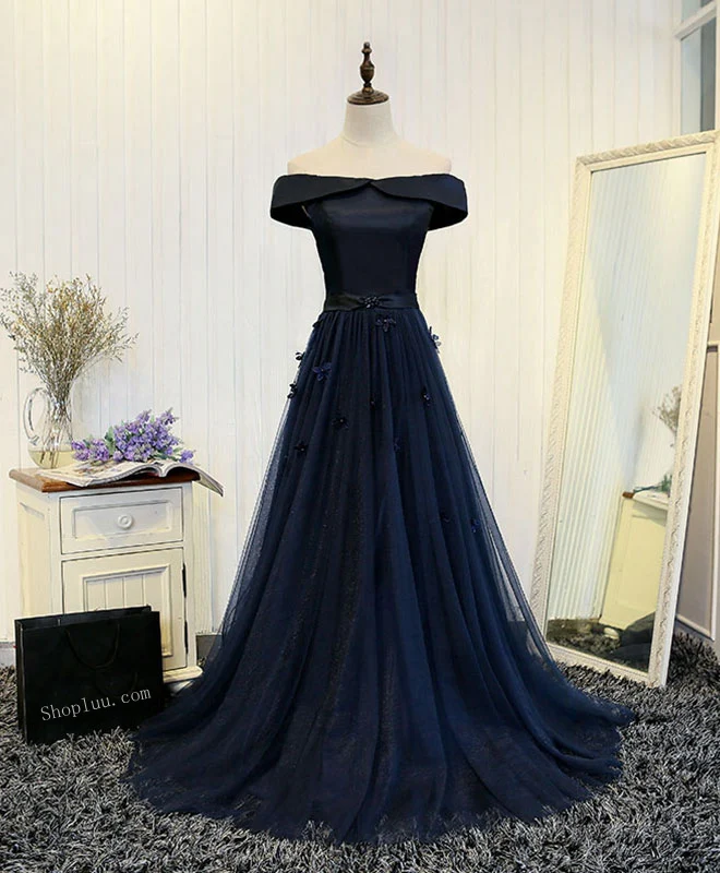 Dark Blue Off Shoulder Long Prom Dress, Evening Dress - Deanwangkt